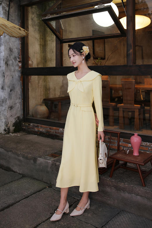 逸红颜明月优选#温婉新中式古董裙「瓷梦」淑女灵动蝴蝶结领，收腰显瘦微鱼尾 商品图14