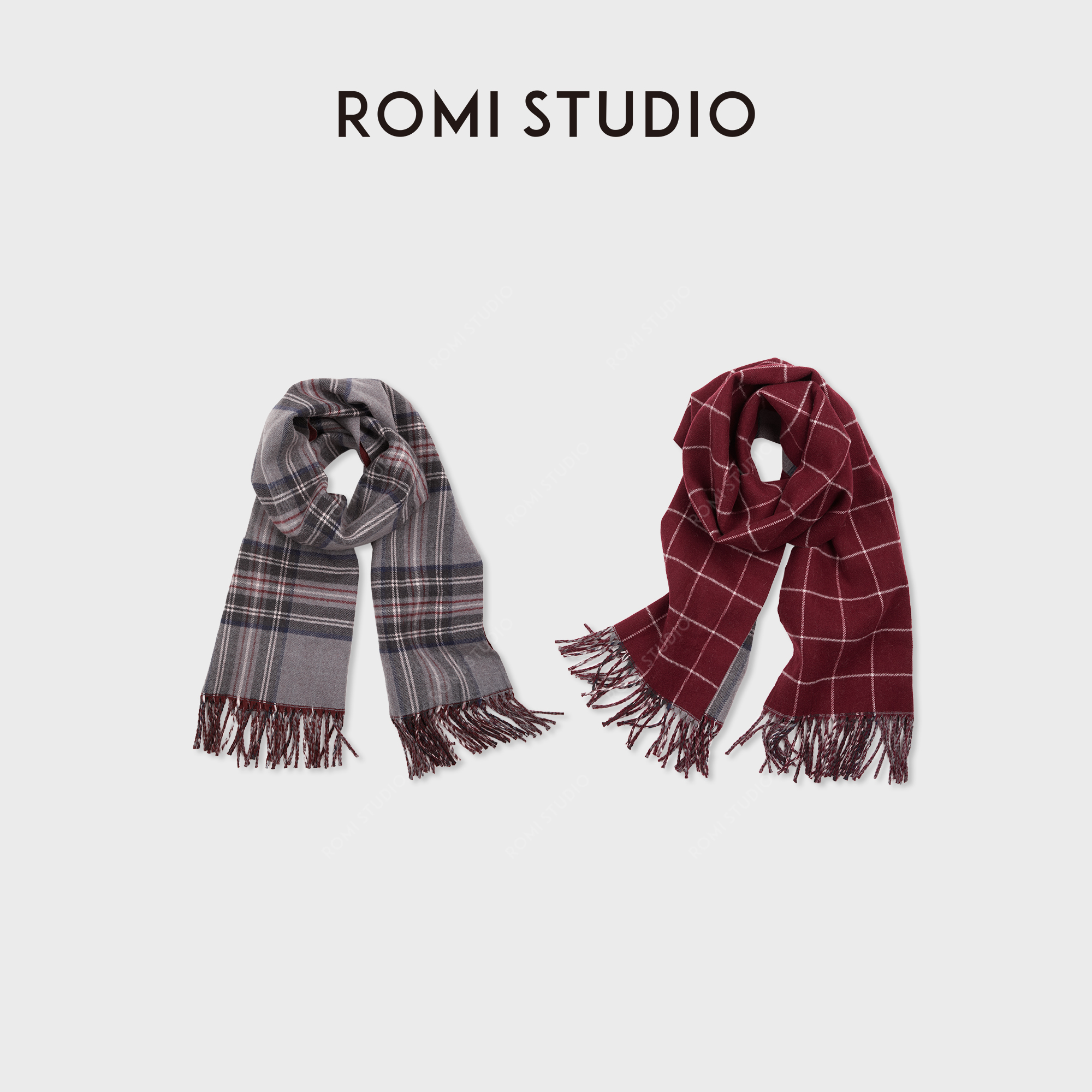 ROMISTUDIO双面格纹软糯羊毛混纱复古氛围感围巾围脖 RWCWP07313
