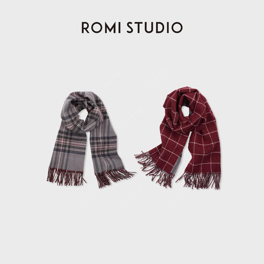 ROMISTUDIO双面格纹软糯羊毛混纱复古氛围感围巾围脖 RWCWP07313 商品图0
