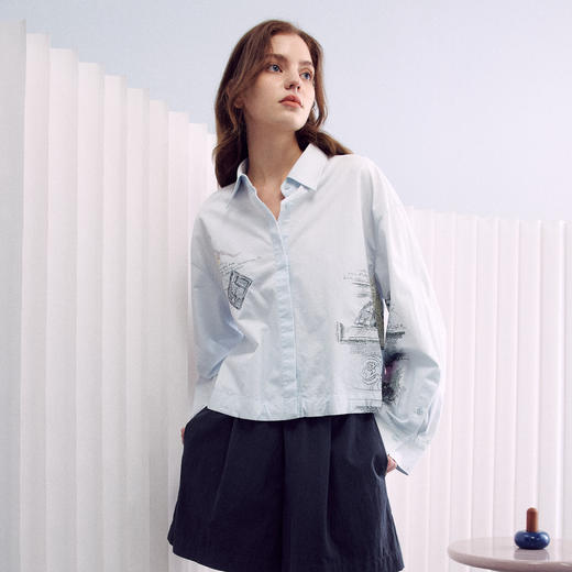谜底收边短衬衣长袖2026年春季新品纯棉亲肤箱型衬衫女261MC0007 商品图0