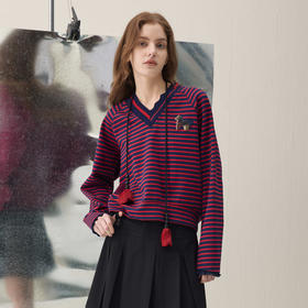 谜底V领卫衣长袖2026年春季新品复古条纹刺绣章仔蕾丝女261MV0011