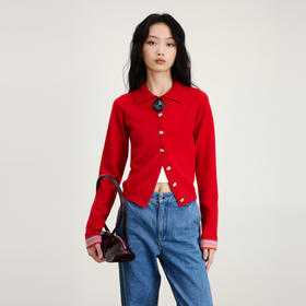 lost in echo2026早春新款时尚圣诞红三角图案修身保暖羊毛开衫女