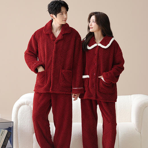 雀说 提花珊瑚绒大红色男女款睡衣家居服两件套 商品图0