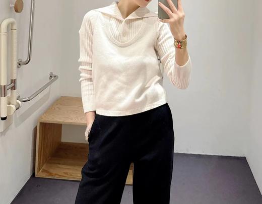 D120880罗纹翻领长袖拼接假两件设计纽扣半开襟毛衣 商品图5