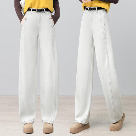 YM 2846水洗棉牛仔裤加绒加厚显瘦保暖弯刀裤宽松高腰镰刀裤 商品图1