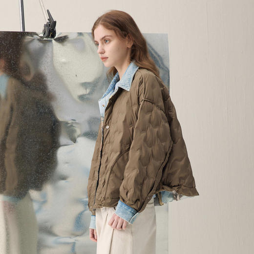 谜底两面穿羽绒服2026年春季新品艺术印花翻领拼牛仔女261MY0010 商品图1