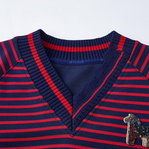 谜底V领卫衣长袖2026年春季新品复古条纹刺绣章仔蕾丝女261MV0011 商品图3