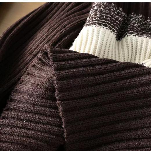 D120879复古气质拼色条纹小V领落肩宽松坑条加厚针织毛衣 商品图12