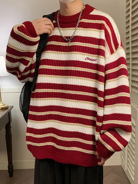 【YW】无忧购“礼物季”慵懒风圣诞复古撞色条纹毛衣男刺绣花针织衫外套情侣K4090（截单后3-5天发货）