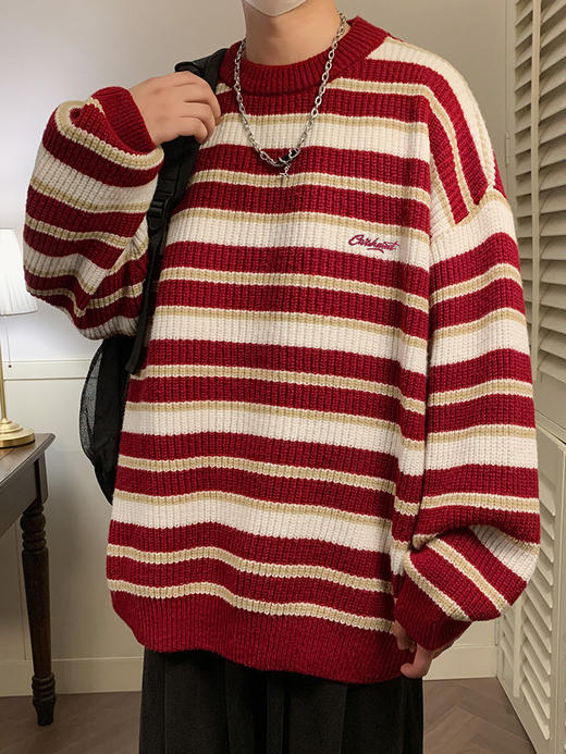 【YW】无忧购“礼物季”慵懒风圣诞复古撞色条纹毛衣男刺绣花针织衫外套情侣K4090（截单后3-5天发货） 商品图0