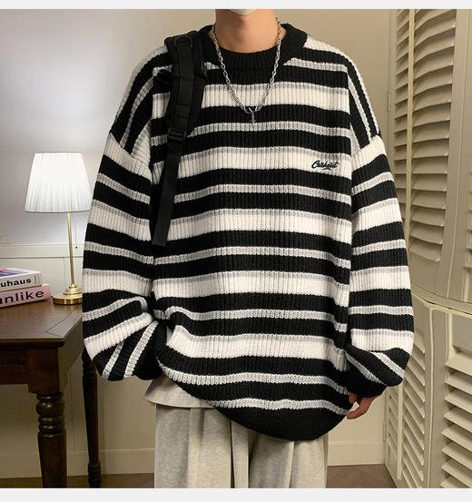 【YW】无忧购“礼物季”慵懒风圣诞复古撞色条纹毛衣男刺绣花针织衫外套情侣K4090（截单后3-5天发货） 商品图7