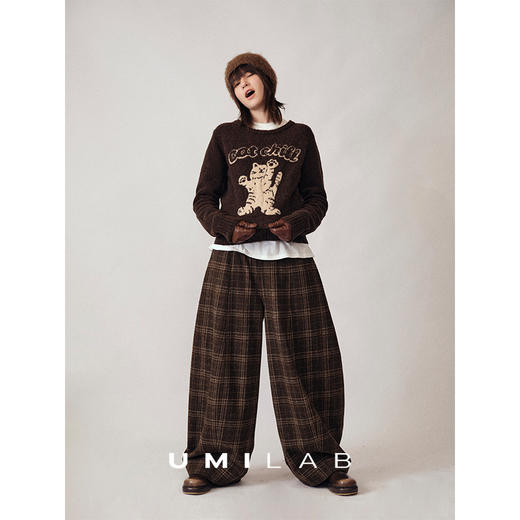 UMILAB｜暗格*羊毛混纺抗皱有型 松紧腰格纹茧型藏肉毛呢裤P1315W 商品图1
