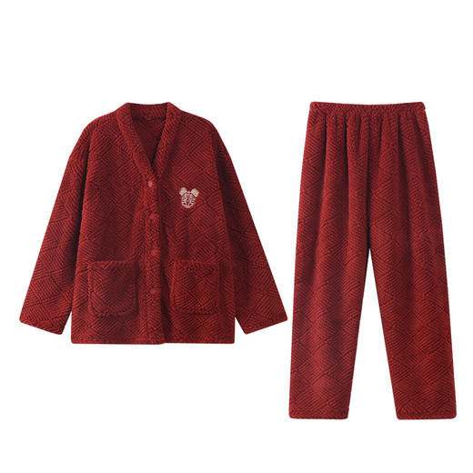 雀说 提花珊瑚绒大红色男女款睡衣家居服两件套 商品图4