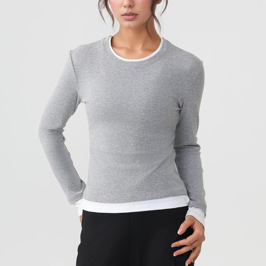 跃牌【美西西系列】天丝圆领撞色无缝一体 假两件修身运动长袖T恤健身瑜伽服CX-926 商品图3