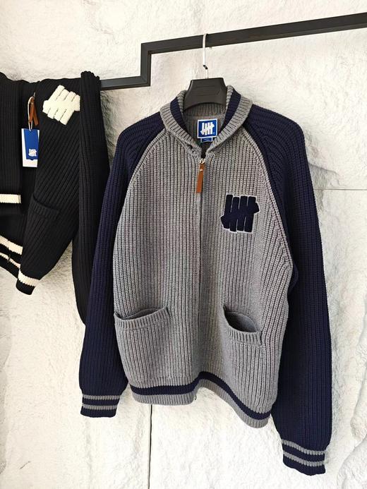 D120802五条杠撞色Logo条纹运动复古元宝针翻领针织衫拉链外套 商品图4