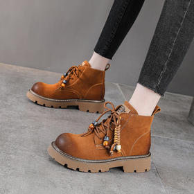 YR 2966粗跟真皮厚底短筒靴简约单靴串珠美拉德马丁靴