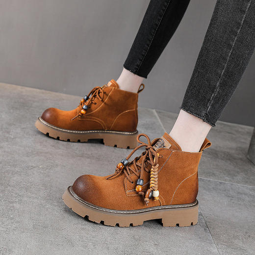 YR 2966粗跟真皮厚底短筒靴简约单靴串珠美拉德马丁靴 商品图0