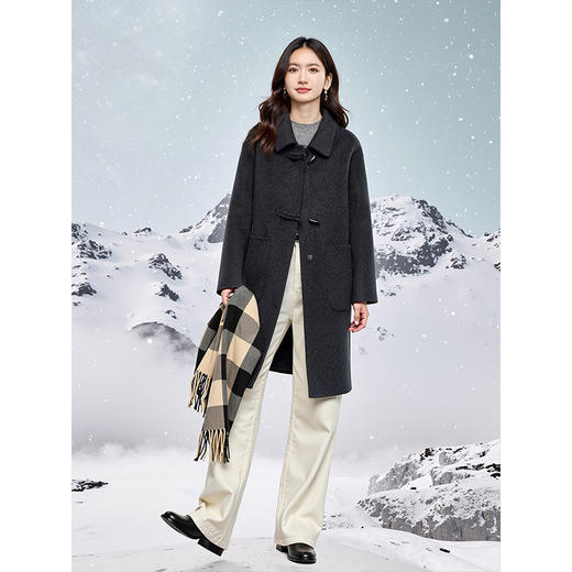 【年终特卖】熙世界黑灰色双面呢羊毛大衣女秋冬新款中长款羊绒牛角扣毛呢外套 商品图4