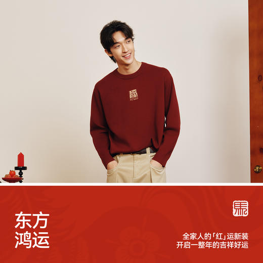 森马张仁华非遗联名毛衫男春季五福图案针织衫小宽松套头圆领毛衣 商品图4