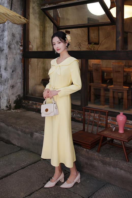 逸红颜明月优选#温婉新中式古董裙「瓷梦」淑女灵动蝴蝶结领，收腰显瘦微鱼尾 商品图5