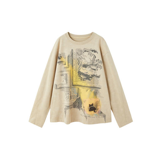 谜底复古印花T恤长袖2026春季新品蜡染柔软松弛微落肩女261MT0001 商品图4