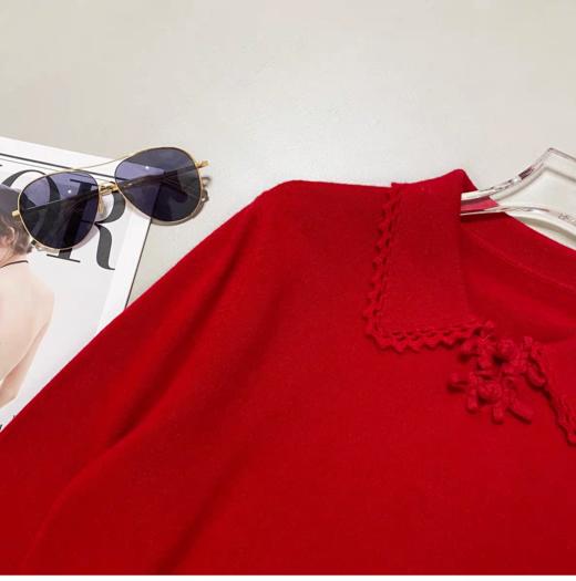 新年战衣羊毛羊绒混纺盘扣小翻领够花镂空羊毛衫 商品图6