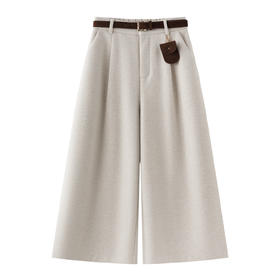 丁摩 米杏色毛呢休闲阔腿裤女款秋季新款高腰宽松直筒八分裤5ZF-39231