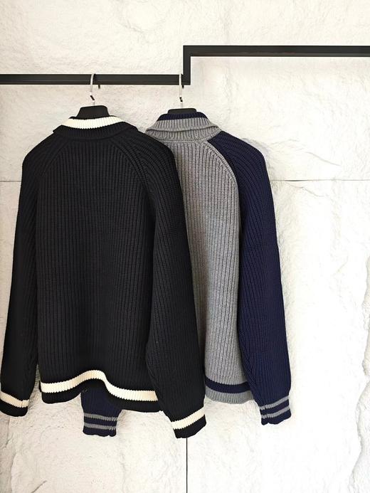 D120802五条杠撞色Logo条纹运动复古元宝针翻领针织衫拉链外套 商品图1