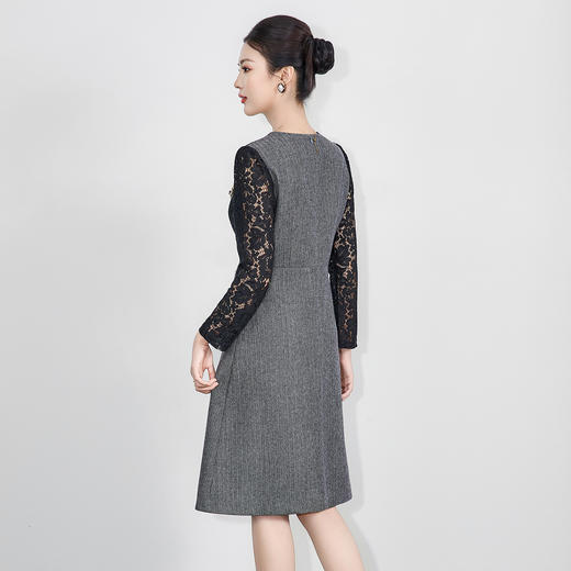 「高货wl」全新升级【铂金会员312/天猫419/差价107】(00718)洛诗琳2025秋冬气质轻奢小香风蕾丝拼接人字纹毛呢连衣裙 商品图2