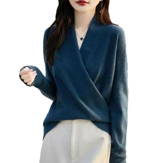丁摩 秋冬100%羊毛衫女交叉领毛衣打底衫Y2442080 商品图4