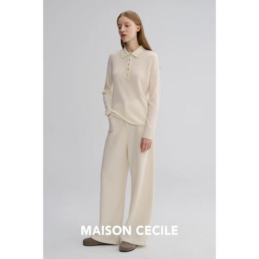 MAISON CECILE 奶白羊毛软糯坑条纹肌理优雅polo领牛角扣针织上衣 商品图4