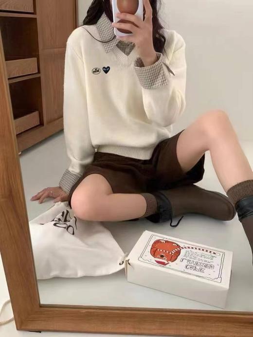 D120834复古学院风松弛感V领假两件针织衫女款 商品图3
