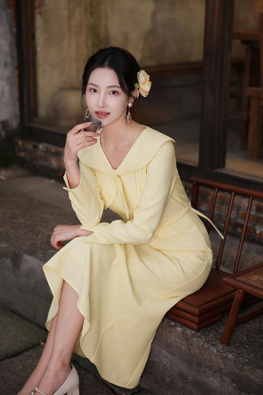 逸红颜明月优选#温婉新中式古董裙「瓷梦」淑女灵动蝴蝶结领，收腰显瘦微鱼尾 商品图12