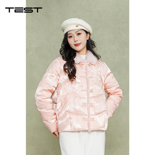 冬上新国风粉色提花中式盘扣毛领短款羽绒服2254172 商品图1