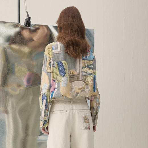 谜底印花衬衣长袖2026年春季新品雅致素描拼贴H型衬衫女261MC0006 商品图2