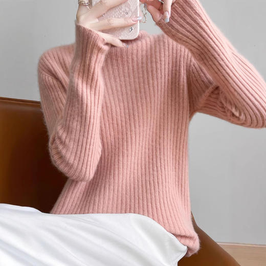 丁摩 舒适软糯100纯羊毛套头毛衣秋冬新款坑条纹堆堆领女士针织衫5ZF-93755 商品图1