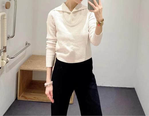 D120880罗纹翻领长袖拼接假两件设计纽扣半开襟毛衣 商品图7