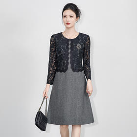 「高货wl」全新升级【铂金会员312/天猫419/差价107】(00718)洛诗琳2025秋冬气质轻奢小香风蕾丝拼接人字纹毛呢连衣裙