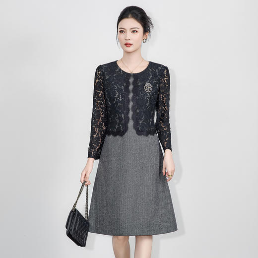 「高货wl」全新升级【铂金会员312/天猫419/差价107】(00718)洛诗琳2025秋冬气质轻奢小香风蕾丝拼接人字纹毛呢连衣裙 商品图0