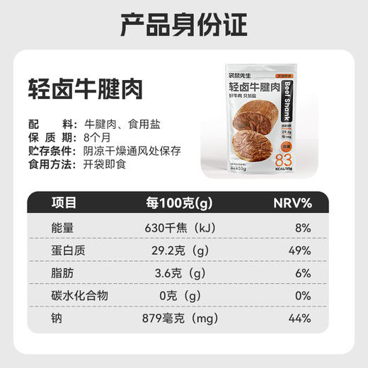 【配料表只有牛肉和盐 高蛋白】【健身伴侣零食 小包装随身携带】袋鼠先生 轻卤牛腱肉55g/袋 商品图6