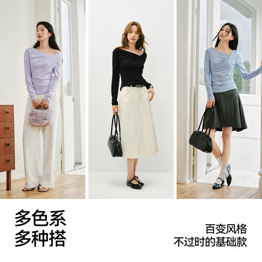 【爆品主推】森马长袖T恤女春季短款不对称荡领斜肩露肩紧身纯色2026新款上衣 商品图3