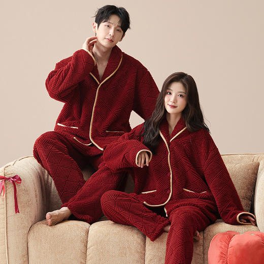 雀说 提花珊瑚绒大红色男女款睡衣家居服两件套 商品图2