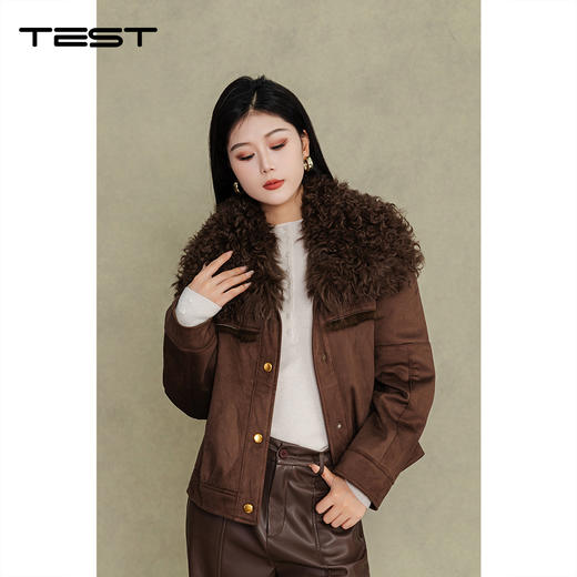 冬上新时尚棕羊皮毛领皮草拼接短款夹克2254166 商品图0