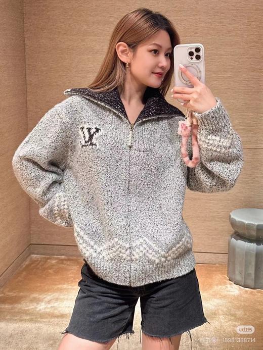 D120866花灰富士山珍珠拉链撞色粗针毛针织开衫 商品图9