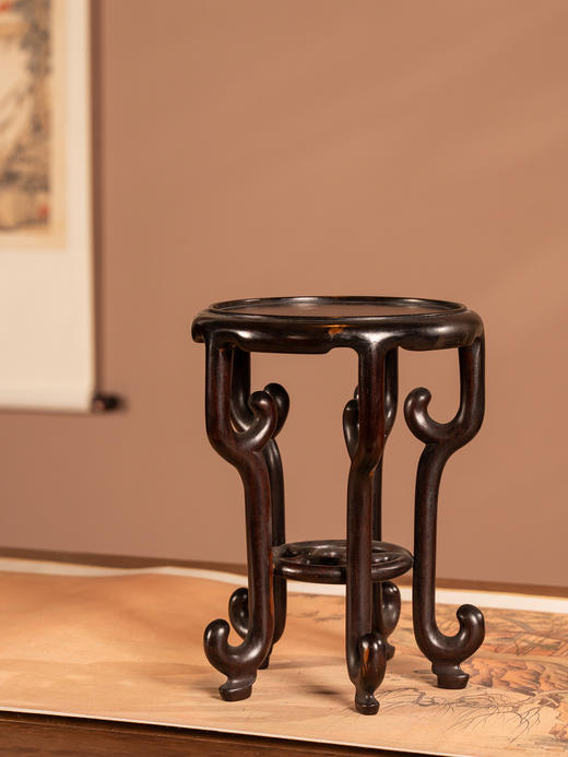 清	红木三弯腿五足圆花几摆件 商品图1