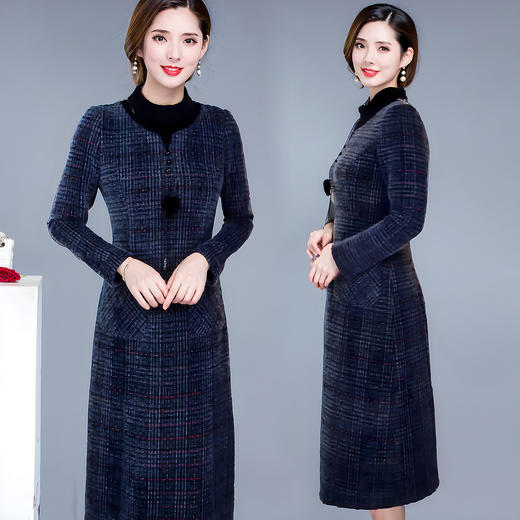 QYM 99H303中长款加绒加厚妈妈连衣裙保暖收腰显瘦时尚 商品图2