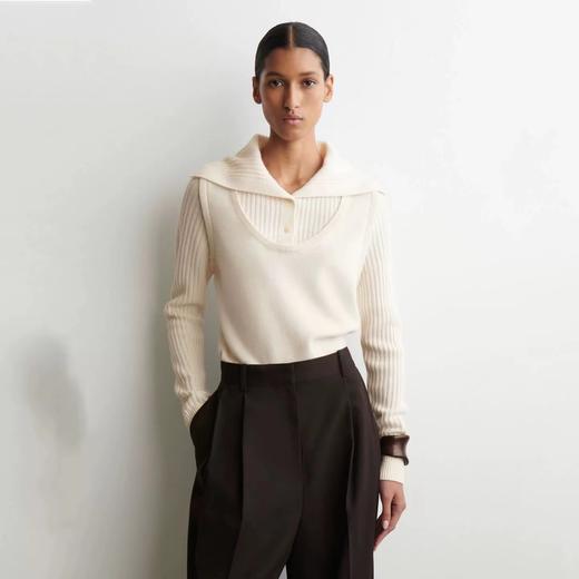 D120880罗纹翻领长袖拼接假两件设计纽扣半开襟毛衣 商品图10