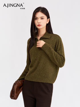 【桑蚕丝羊绒】阿菁娜秋季新款桑蚕丝羊绒针织衫绵羊毛混纺软糯蓬松翻领两穿宽松显瘦F30D302001