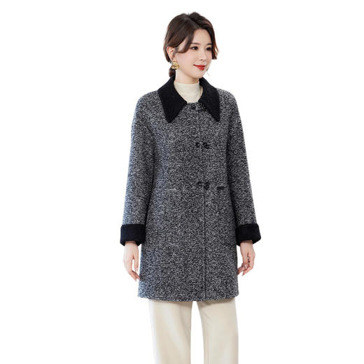 丁摩秋冬新款双面羊毛大衫单排扣撞色大衣通勤穿搭接拼领毛呢外套ALW23527 商品图4