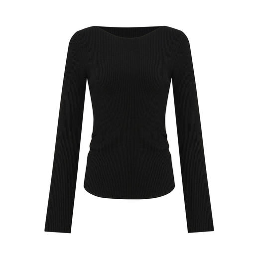 【2件9折】【Petit Bari】(多色)气质一字肩褶皱收腰修身针织衫上衣 商品图3